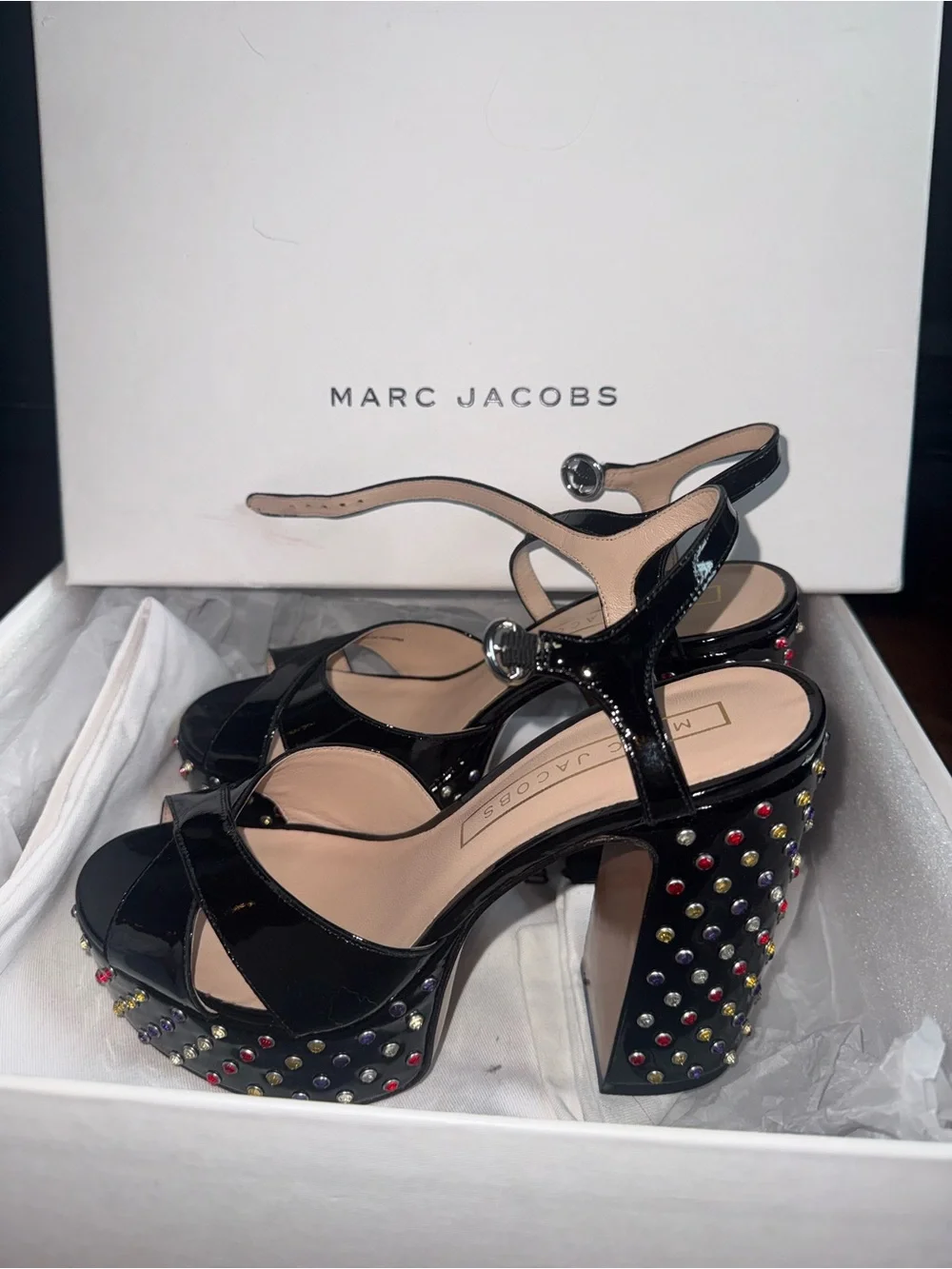 Marc Jacobs Black Patent Leather Studded Platform Heels with Multicolor Gems